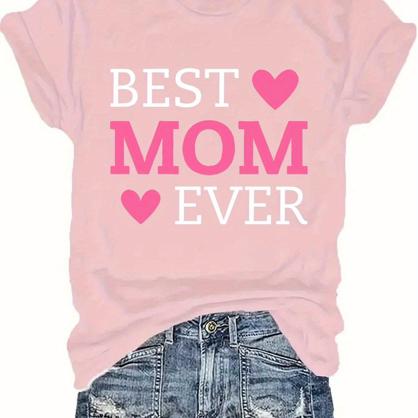 Best Mom Ever Letter Print T-Shirt - Casual Crew Neck Short Sleeve Top for Women, Lightweight Polyester Fabric, Perfect for Summer & Spring, Heart Design for Mother’s Day or Casual Attire, Mothers Day Gifts for Mom