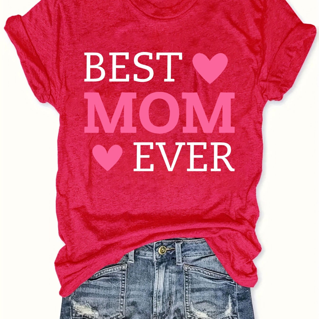 Best Mom Ever Letter Print T-Shirt - Casual Crew Neck Short Sleeve Top for Women, Lightweight Polyester Fabric, Perfect for Summer & Spring, Heart Design for Mother’s Day or Casual Attire, Mothers Day Gifts for Mom