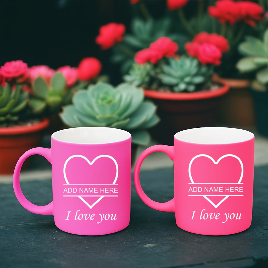 2pcs Personalized Heart Ceramic Mugs - 11oz Insulated Coffee & Tea Cups, Custom Name "I Love You" Design, Perfect for Couples, Valentine’s Day, Christmas, Family Gatherings, Hand Wash Only