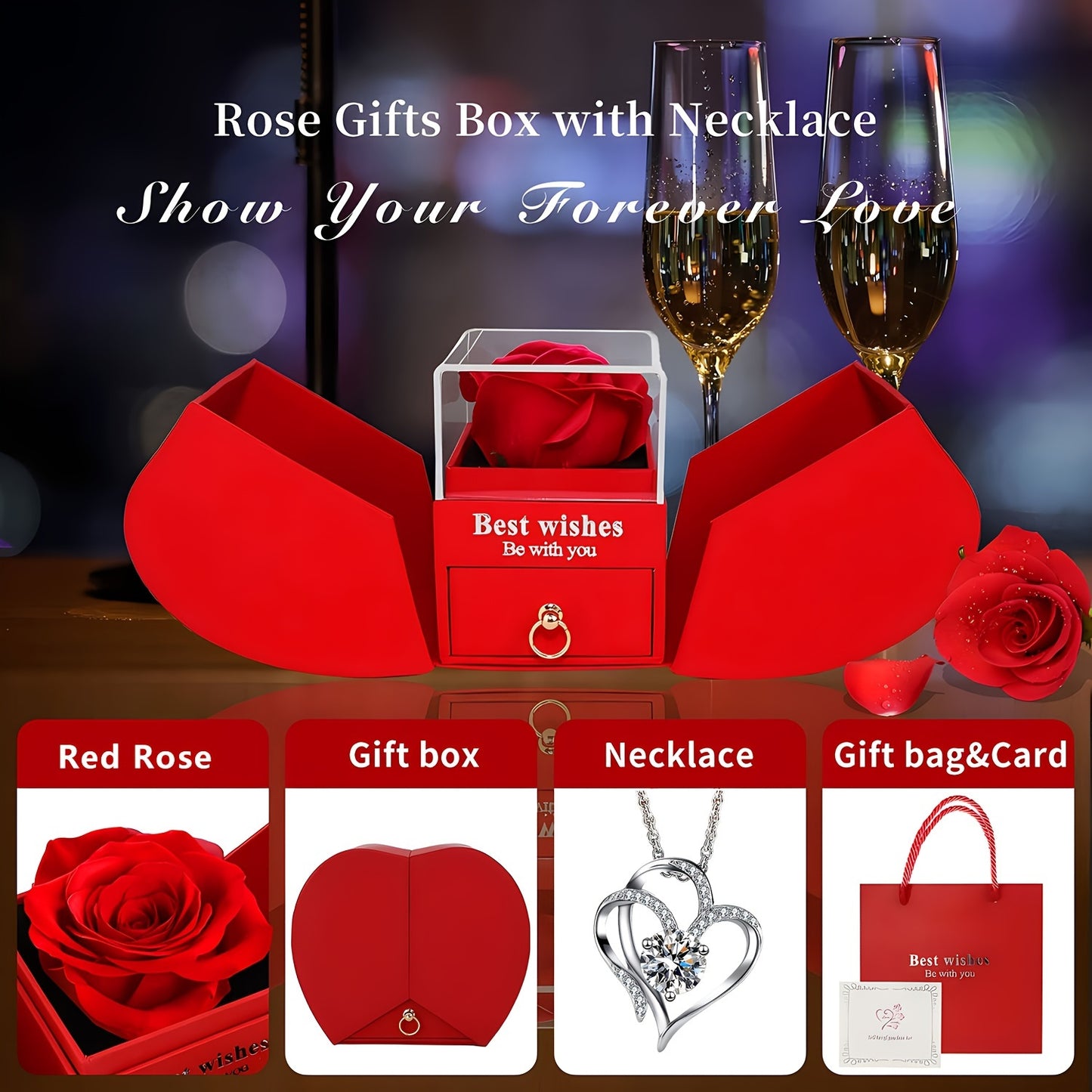 Elegant Heart-Shaped Crystal Necklace Gift Set with Red Apple Box & "Best Wishes" Card - Ideal for Mom, Daughter, Grandma, Wife on Valentine's, Anniversaries, Birthdays & More - Metal, No Feathers