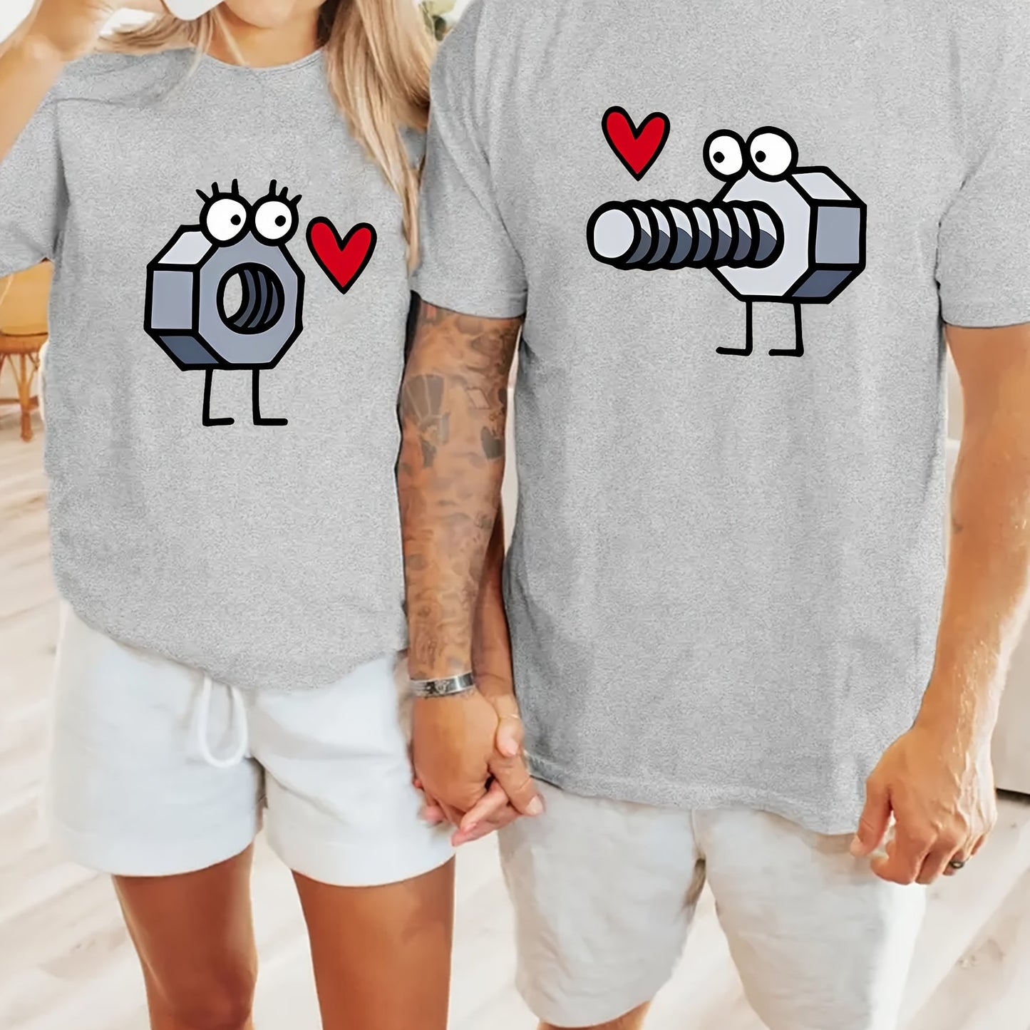 [Everyday Style] Cartoon Screw and Nut Print Fashion Couple T-Shirts, Casual Crew Neck Short Sleeve Tees, Soft Breathable Polyester Knit Fabric, Regular Length, for All Seasons, Cute Shirts