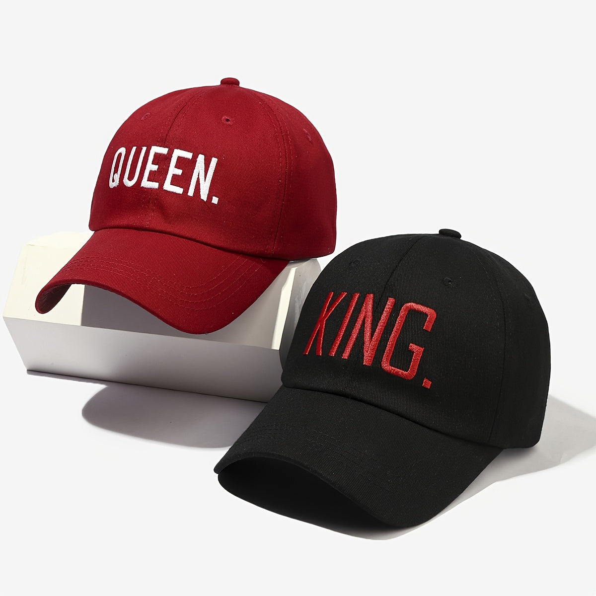 King & Queen Embroidered Couple Baseball Caps Set of 2, Fabric 100%, Adjustable Buckle Closure, Sun Protection Holiday Theme Unisex Hats