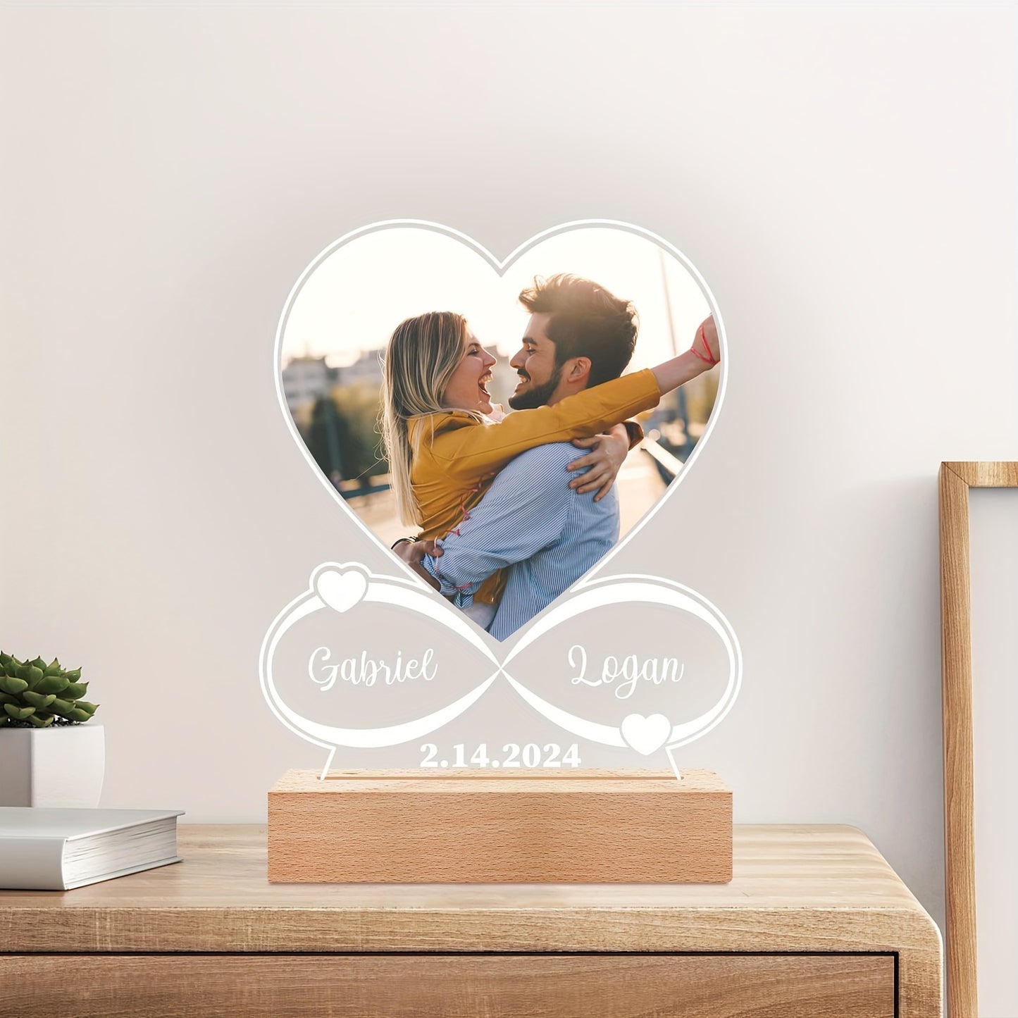 Personalized Custom Picture Frames with Seven colors LED Night Light Christmas gifts New Year Acrylic Heart Plaque Wooden Stand Table Lamp Customized Photo, Mother'S Day Lover Anniversary Birthday