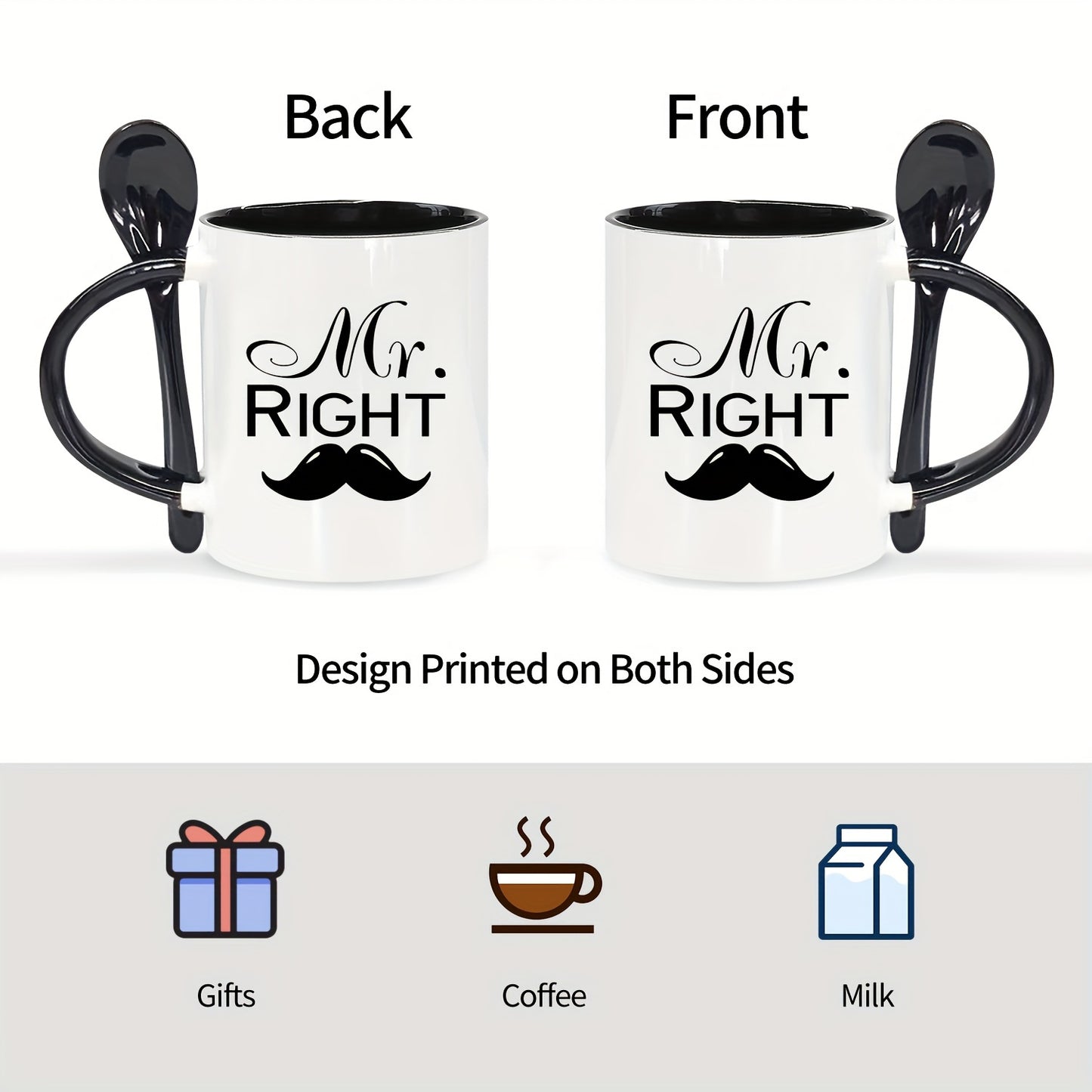 Mr. Right & Mrs. Always Right Ceramic Coffee Mugs Set with Spoons - 11oz, Hand Wash Only, Insulated, Reusable, Multipurpose - Ideal Engagement, Wedding, Anniversary, Valentine's Day Gift for Couples