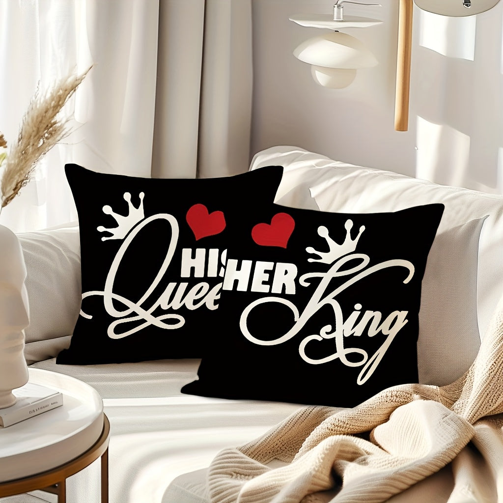 2pcs, Lovers Throw Pillow Covers, Hearts, Crowns, Valentine's Day gifts, Pillowcases for Couples, Wedding Anniversary Gifts, Home Decor for Couch Sofa Living Room Bedroom, Set Of 2, 44.96*44.96cm, Without Pillow Inserts