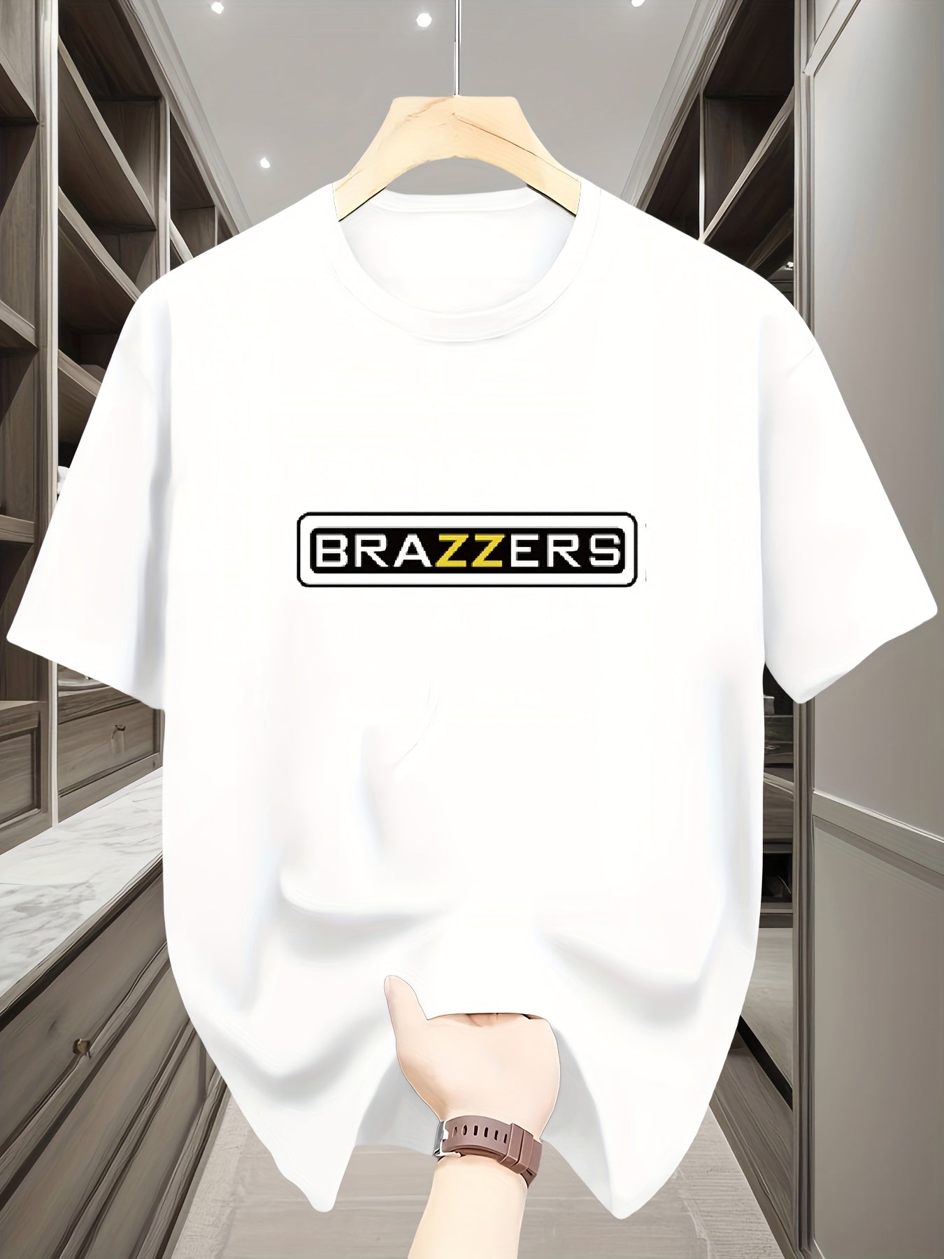 Men'S Casual Summer T-Shirt with "BRAZZERS" Graphic Print - White, Round Neck, Polyester, Lightweight & Breathable for Outdoor Activities, Outdoor Clothing | Graphic Tee | Comfortable Fit, PLUS SIZE