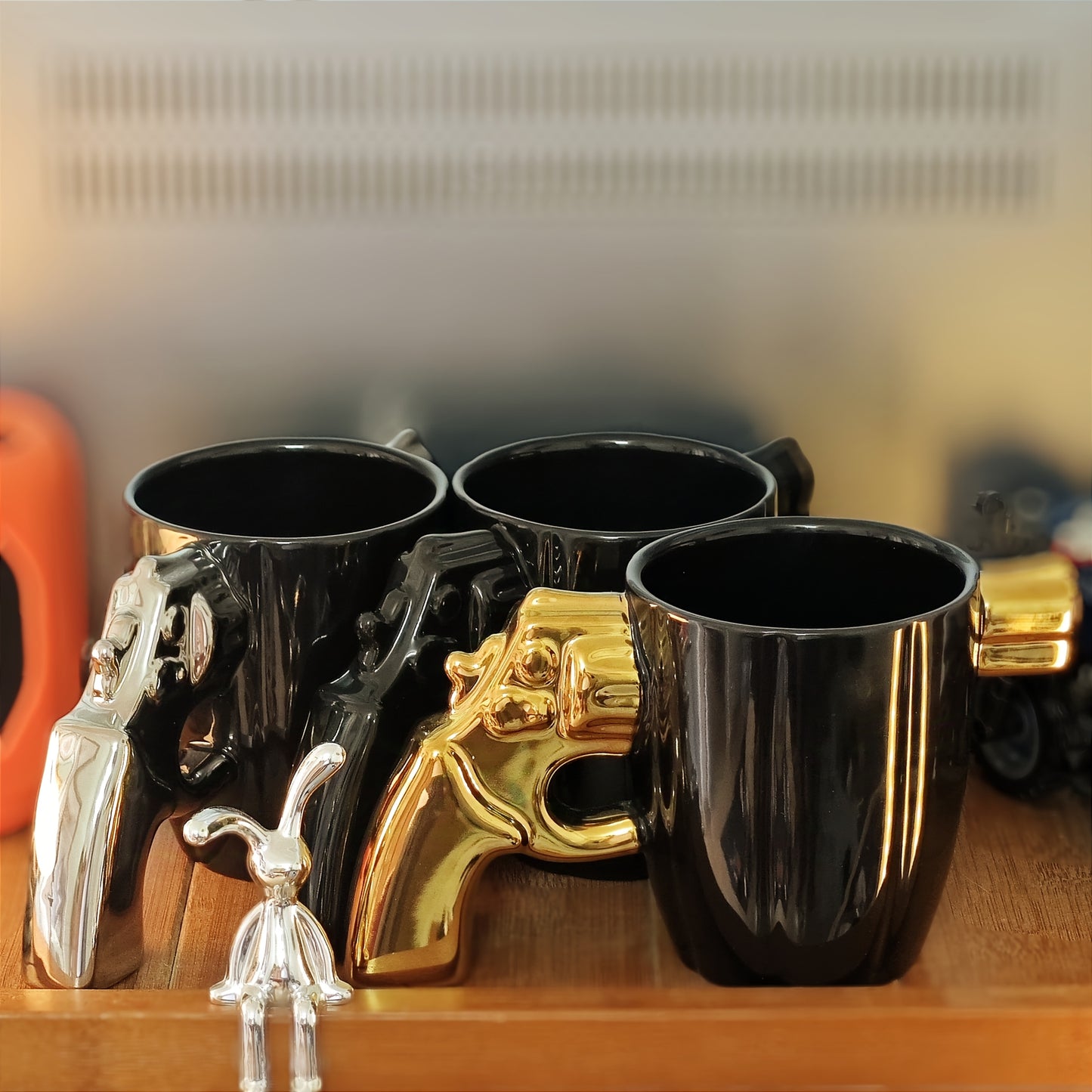 Unique Pistol-Shaped Ceramic Coffee Mug - Black with Golden Accents, Textured Grip, Reusable & Compostable, Ideal for Hot or Cold Beverages, Beverage Holder|Stylish Drinkware|Ceramic Mug, Coffee Bar Accessories