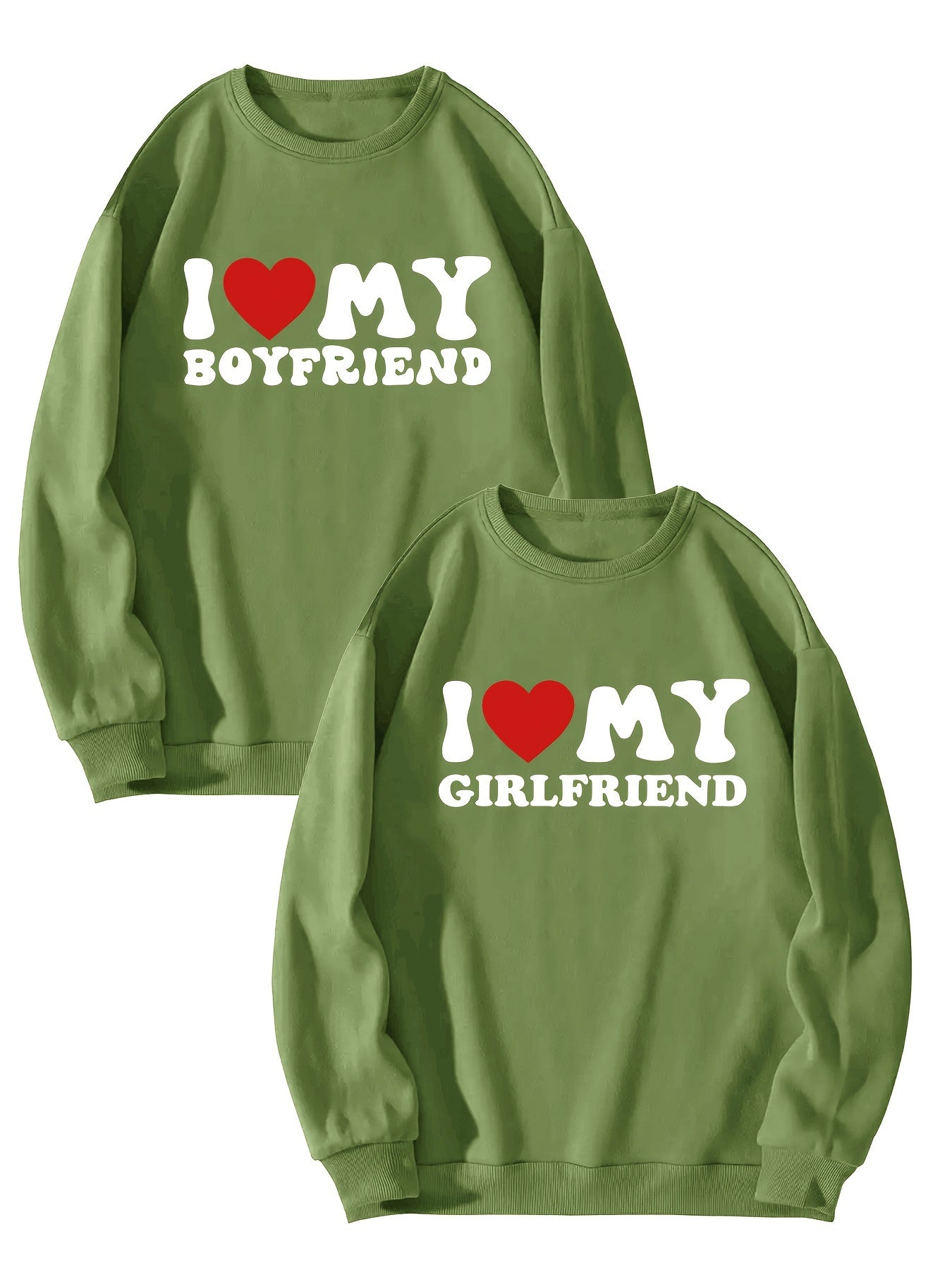 2pcs "I Love My Boyfriend" & "Girlfriend" Green Sweatshirts - Casual Long Sleeve Crew Neck, 100% Polyester, Breathable Knit for Couples - Perfect for Everyday & Date Nights, Couples Apparel|Relaxed Fit Sweatshirt|Knitted Text