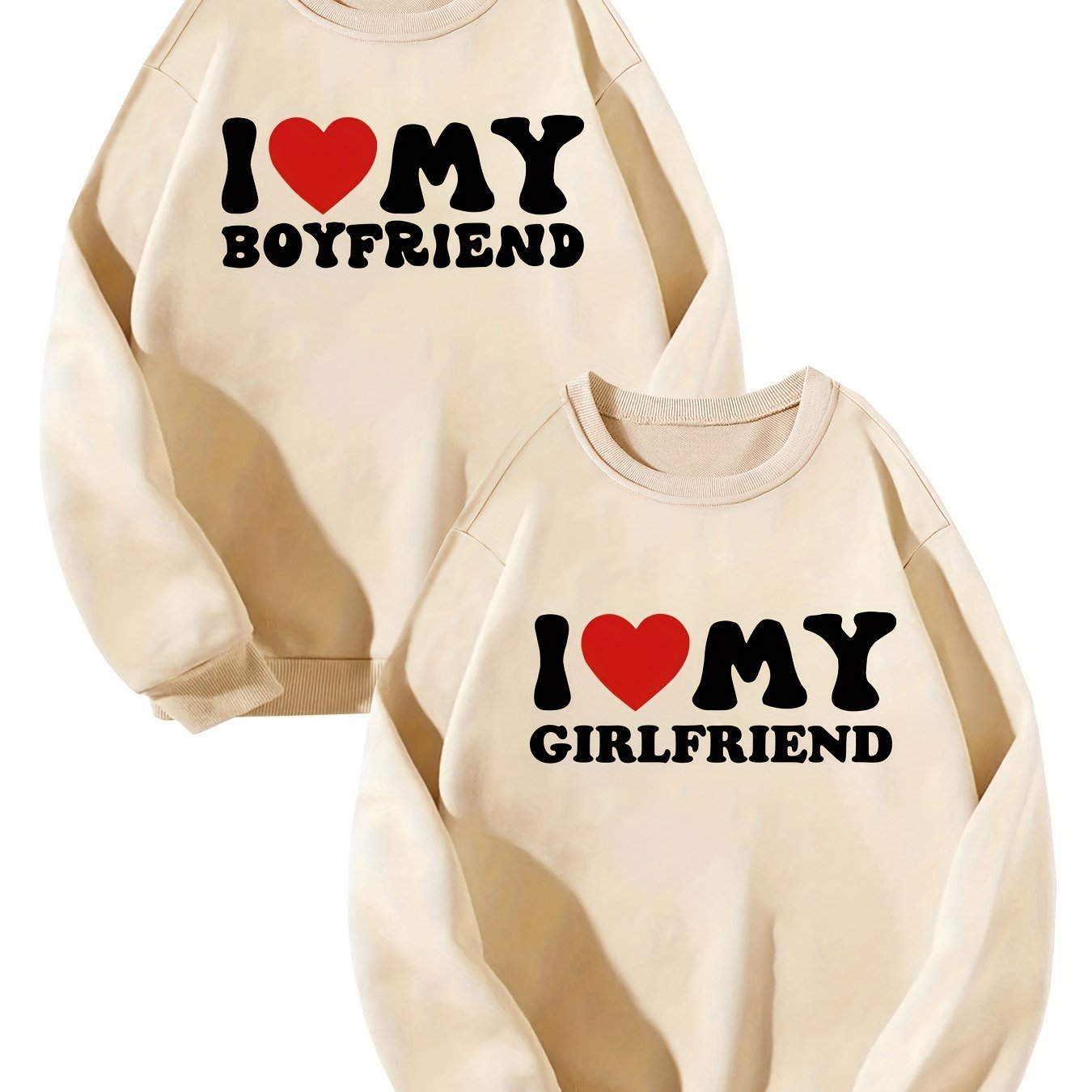 2pcs "I Love My Boyfriend" & "Girlfriend" Green Sweatshirts - Casual Long Sleeve Crew Neck, 100% Polyester, Breathable Knit for Couples - Perfect for Everyday & Date Nights, Couples Apparel|Relaxed Fit Sweatshirt|Knitted Text