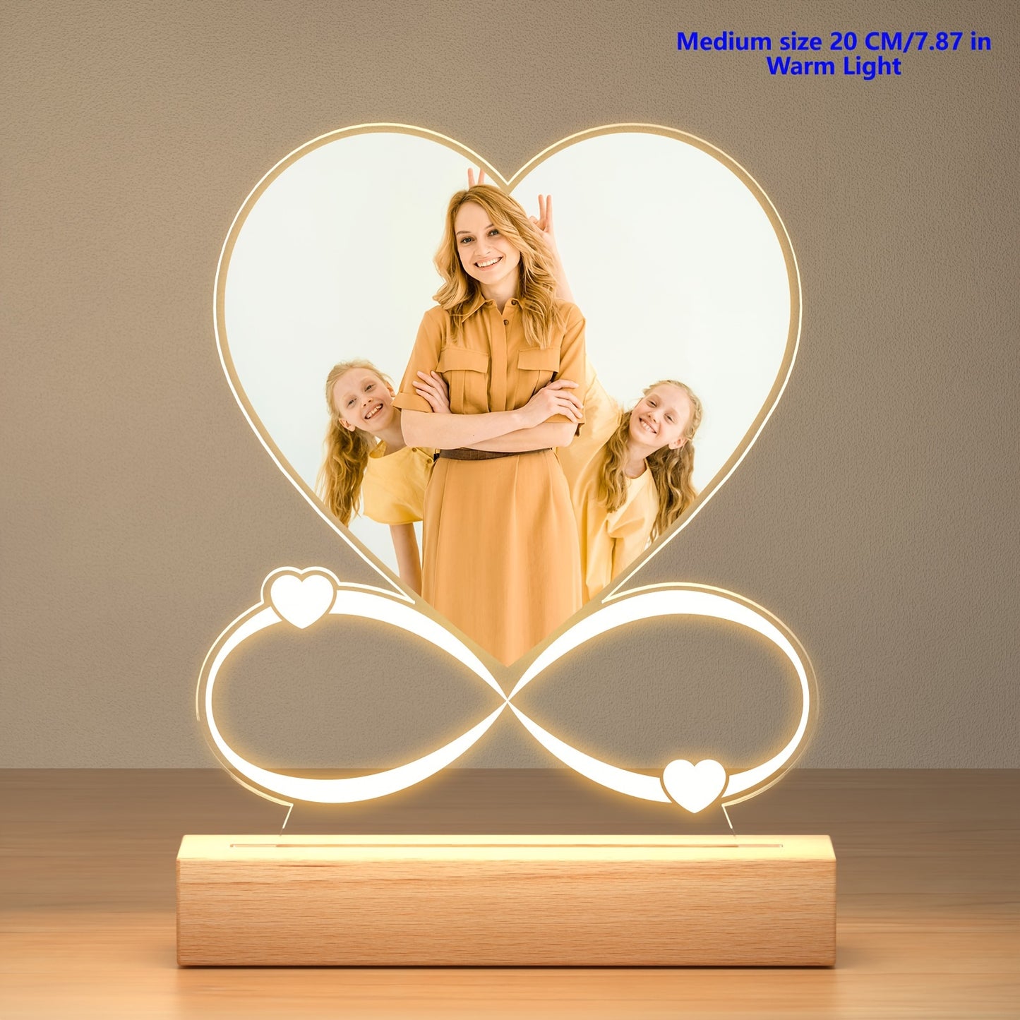 Personalized Custom Picture Frames with Seven colors LED Night Light Christmas gifts New Year Acrylic Heart Plaque Wooden Stand Table Lamp Customized Photo, Mother'S Day Lover Anniversary Birthday