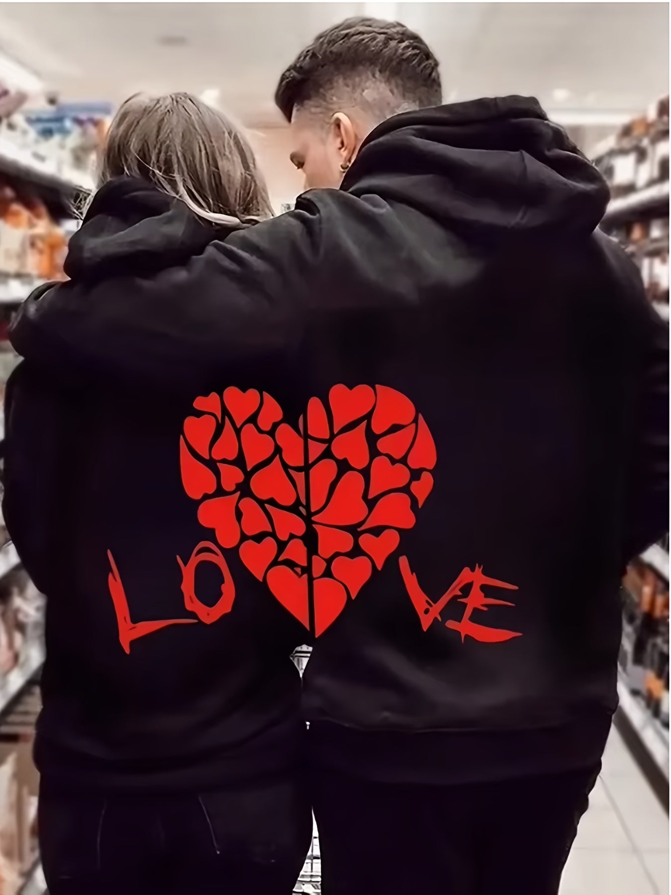 Love Heart Printed Couple Hoodie 2-piece Set Autumn/Winter Youth Sports and Leisure Hoodie Valentine's Day Gift