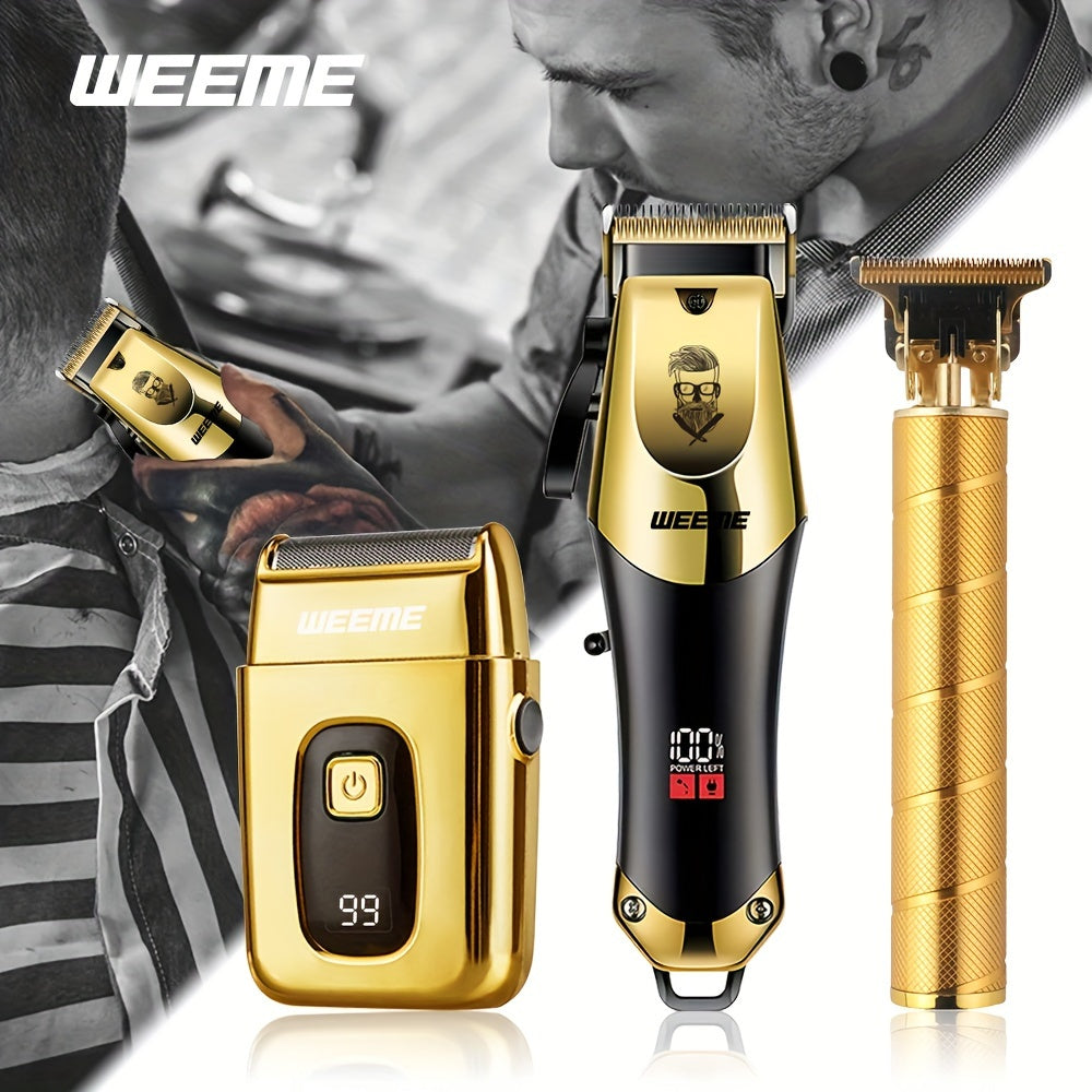 WEEME Golden Hair Cutting Three-Piece Set, Men'S Grooming Kit, Barber'S Haircutting Set, Valentine'S Day Gift Box. USB Rechargeable, LCD Display. Includes 1 Black And Golden Professional Hair Clipper + 1 Golden Men'S Razor +