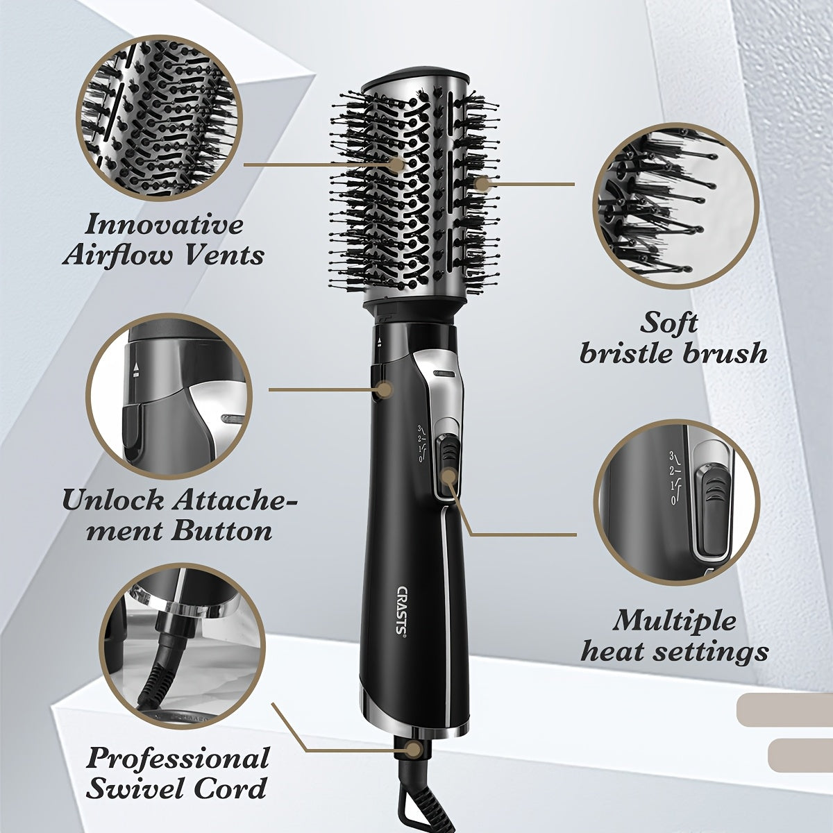 CRASTS 5-in-1 Hot Air Brush Set, 1200W Professional Hair Styling Kit with Detachable Nozzle, Dual Voltage 220V, European Standard Plug, Includes Comb & Hair Dryer Nozzle, Moisturizing Ionic Brush for Straightening & Curling,