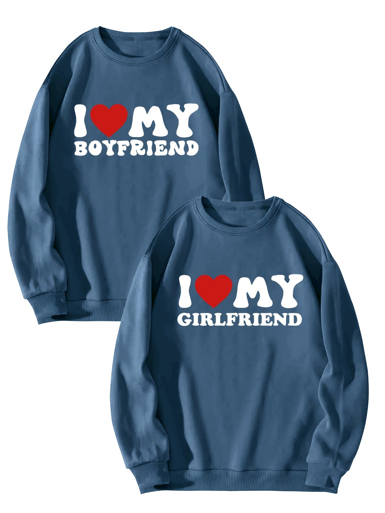 2pcs "I Love My Boyfriend" & "Girlfriend" Green Sweatshirts - Casual Long Sleeve Crew Neck, 100% Polyester, Breathable Knit for Couples - Perfect for Everyday & Date Nights, Couples Apparel|Relaxed Fit Sweatshirt|Knitted Text