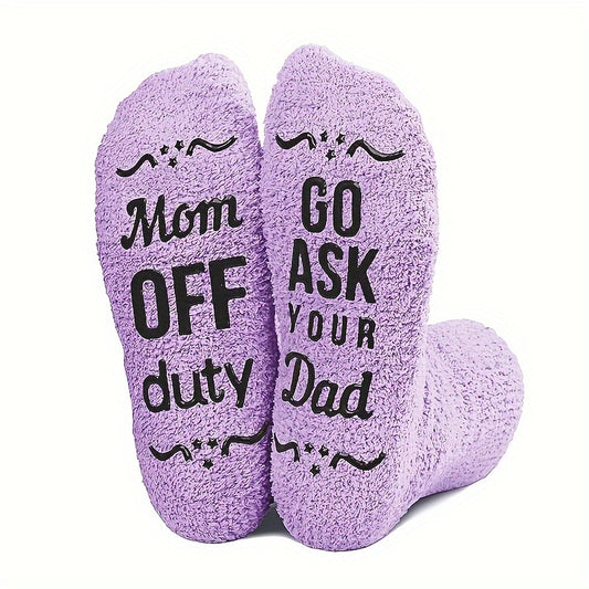 1 Pair "Mom Off Duty, Go Ask Your Dad" Funny Socks - Cozy Polyester Knit, Machine Washable - Perfect Gift for Mother's Day, Christmas, Birthdays from Daughter or Son, Casual Clothing|Decorative Typography|Plush Knit Socks