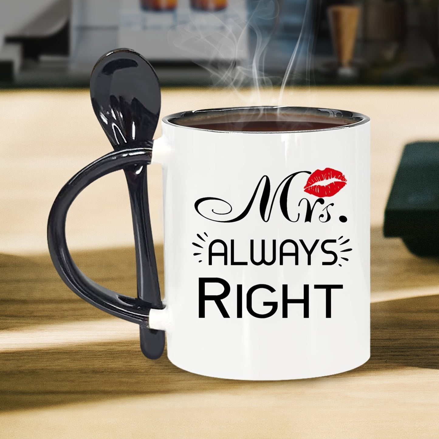 Mr. Right & Mrs. Always Right Ceramic Coffee Mugs Set with Spoons - 11oz, Hand Wash Only, Insulated, Reusable, Multipurpose - Ideal Engagement, Wedding, Anniversary, Valentine's Day Gift for Couples